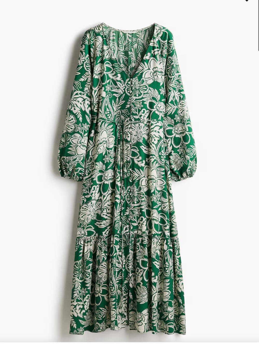 H&M Green and White Floral V-Neck Tiered Maxi Dress